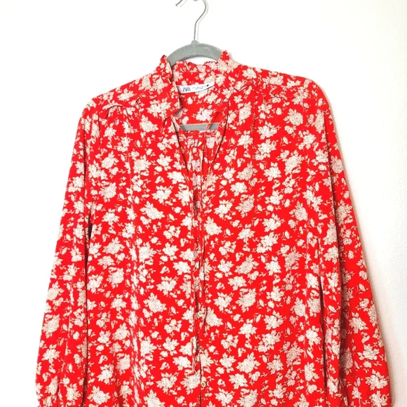 ZARA Floral Print Ruffles Tie Front Shirt Blouse Red - Picture 4 of 12